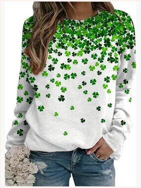 St. Patrick's Day Sequin Shamrock Long Sleeve Tee Women Tunic Top